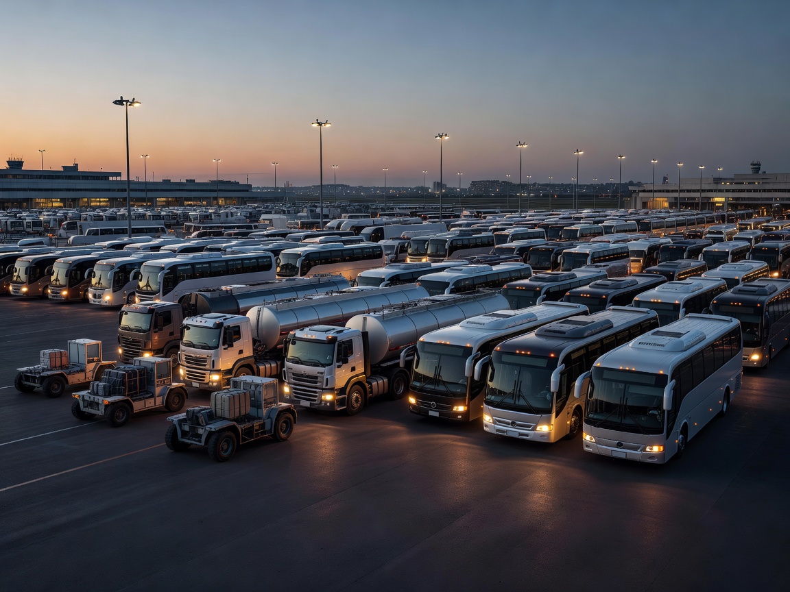 Commercial transport vehicles parked in organized airport staging depot at dusk