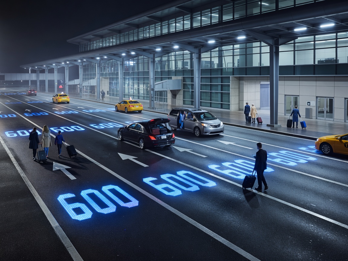 Curbside passenger pick-up lanes at airport terminal with illuminated road markings