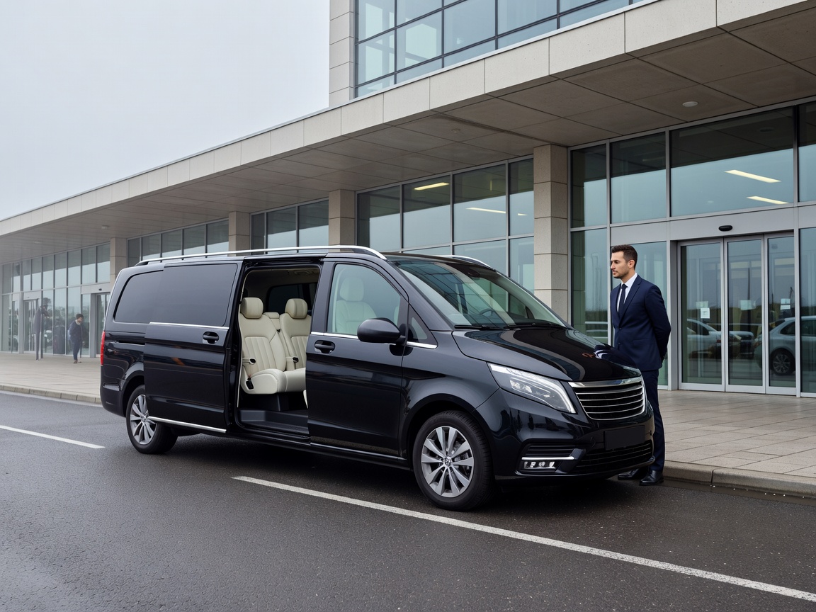 Executive passenger transfer van waiting outside European terminal arrivals curbside