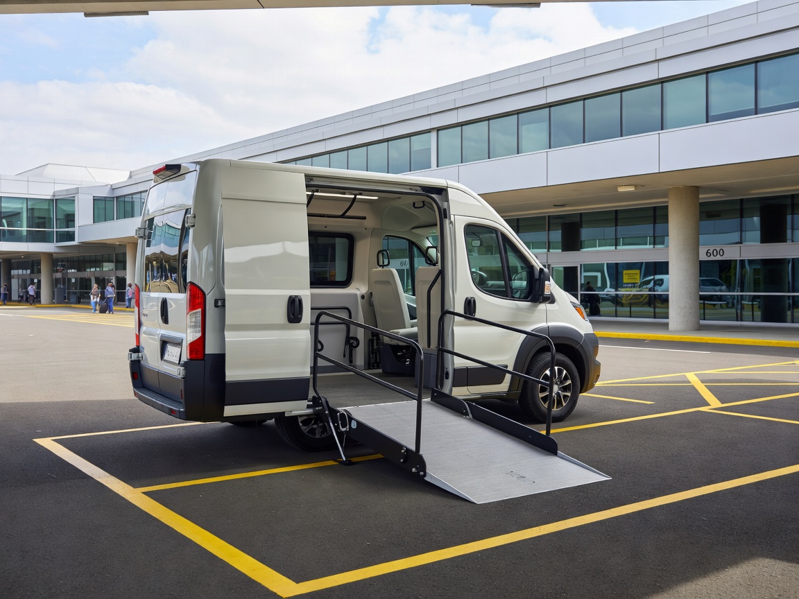 Ramp-equipped accessible transfer vehicle stationed at airport accessibility pickup point