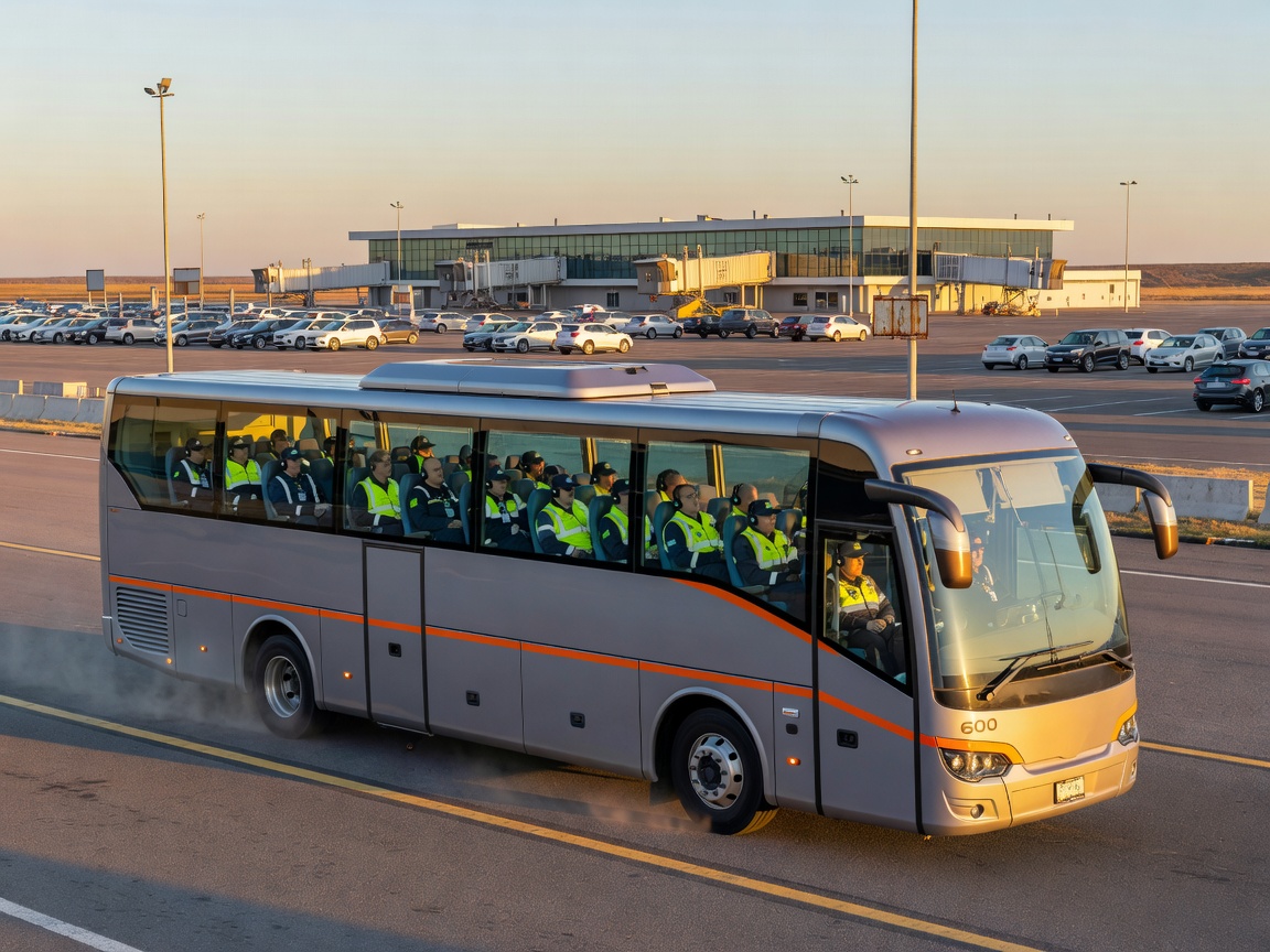Staff shuttle coach transporting airport personnel between remote parking and crew terminal